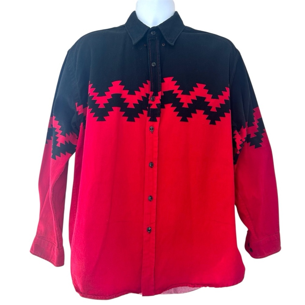 Saddlebrook Vintage 80/90s Red Black Aztec Print Button-Up Shirt Size L Western